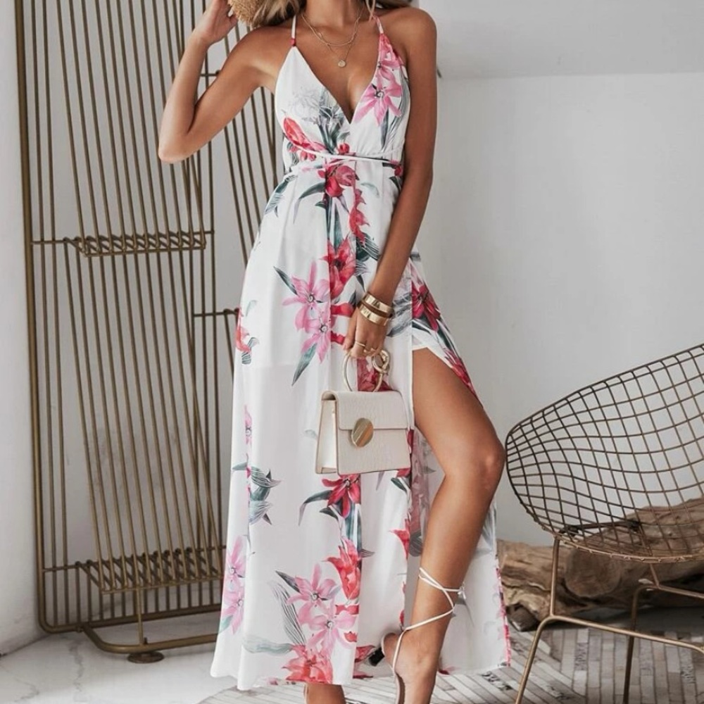 Floral print backless wrap split up dress (Shein)